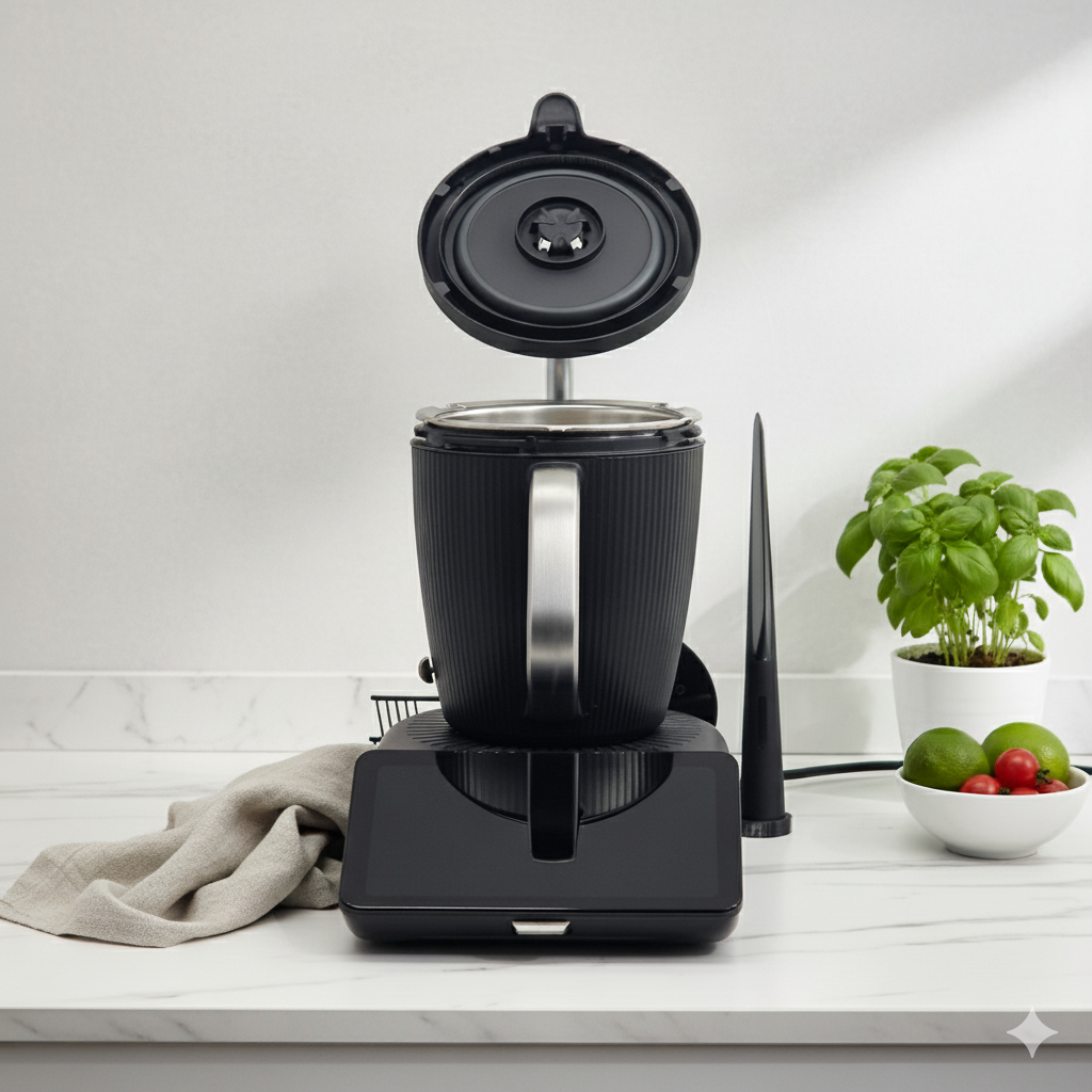 Station de Travail Thermomix TM7 Noir | Support Couvercle + Rangement Fouet Spatule Bouchon | Organisation Cuisine | Made in France